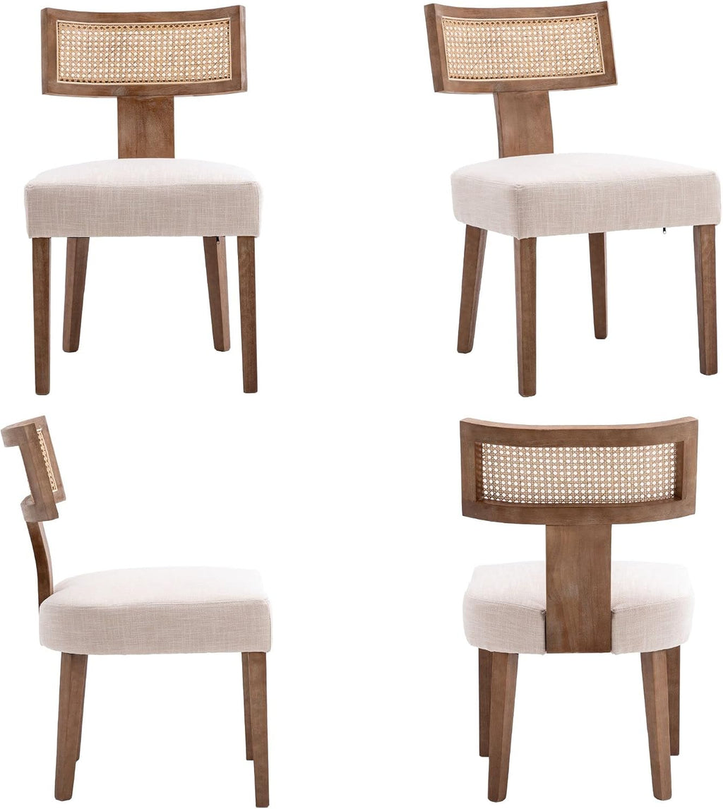 Rattan Dining Chairs Set of 6, Modern Dining Chair Kitchen Dining Room Chairs, Curved Cane Back Upholstered Linen Fabric Dining Chair with Wood Frame, Beige
