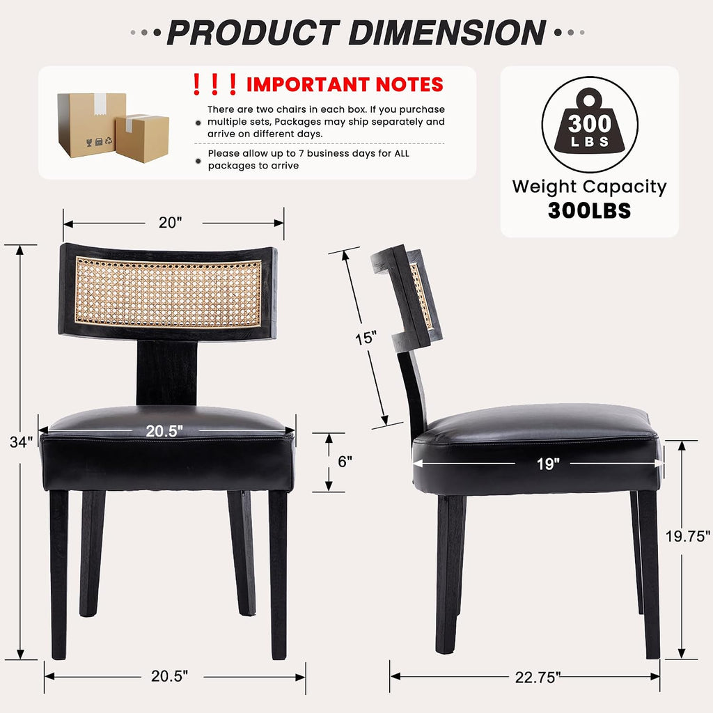 Mid Century Modern Rattan Dining Chairs Set of 2, Farmhouse PU Leather Upholstered Accent Chair Curved Backrest Kitchen Chairs, with Black Hardwood Frame, Black