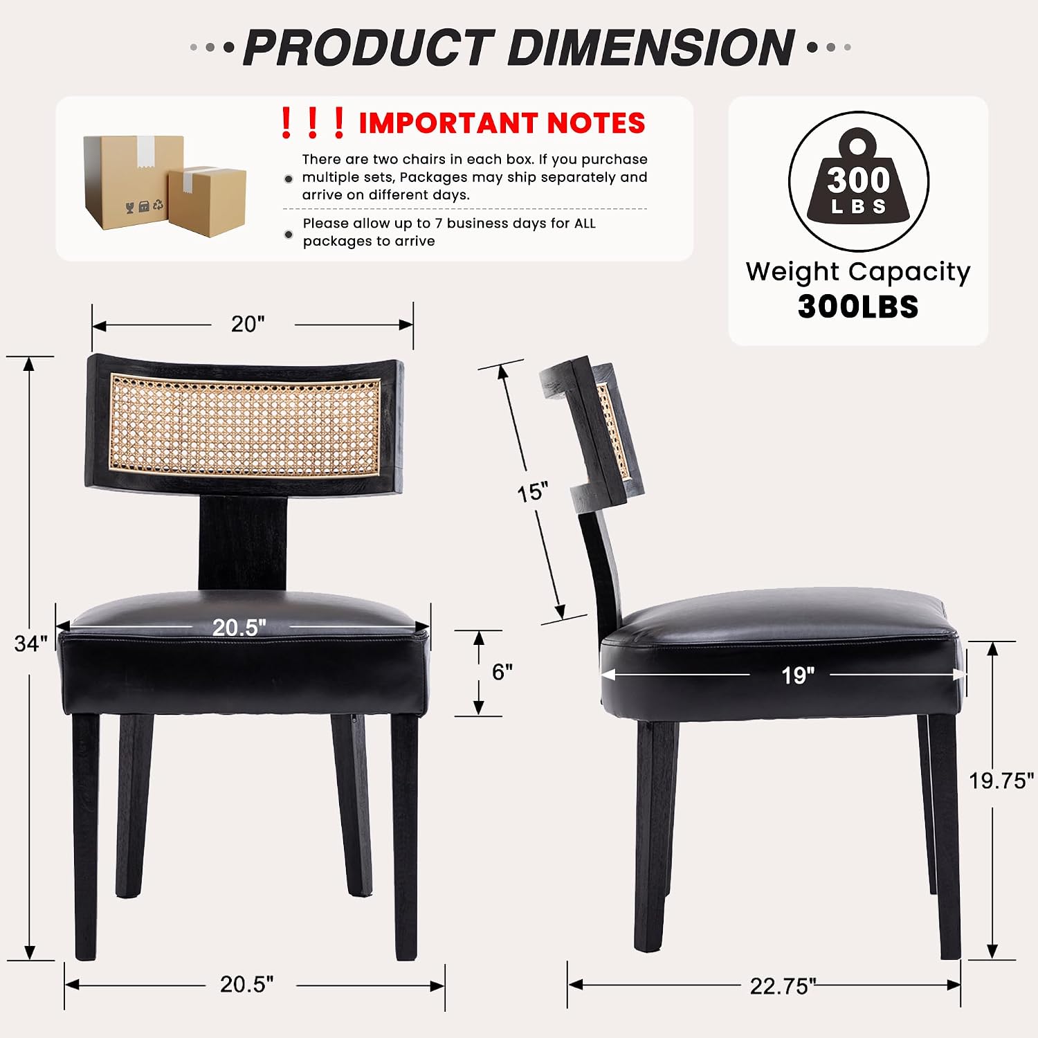 Mid Century Modern Rattan Dining Chairs Set of 2, Farmhouse PU Leather Upholstered Accent Chair Curved Backrest Kitchen Chairs, with Black Hardwood Frame, Black