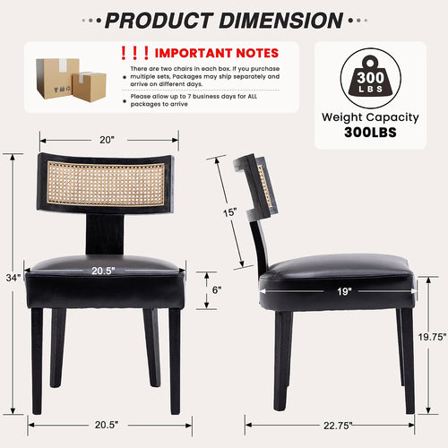 Mid Century Modern Rattan Dining Chairs Set of 2, Farmhouse PU Leather Upholstered Accent Chair Curved Backrest Kitchen Chairs, with Black Hardwood Frame, Black