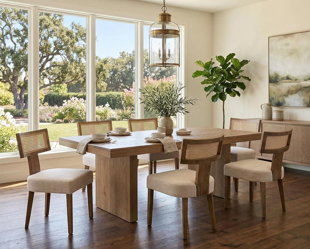 Rattan Dining Chairs Set of 6, Modern Dining Chair Kitchen Dining Room Chairs, Curved Cane Back Upholstered Linen Fabric Dining Chair with Wood Frame, Beige