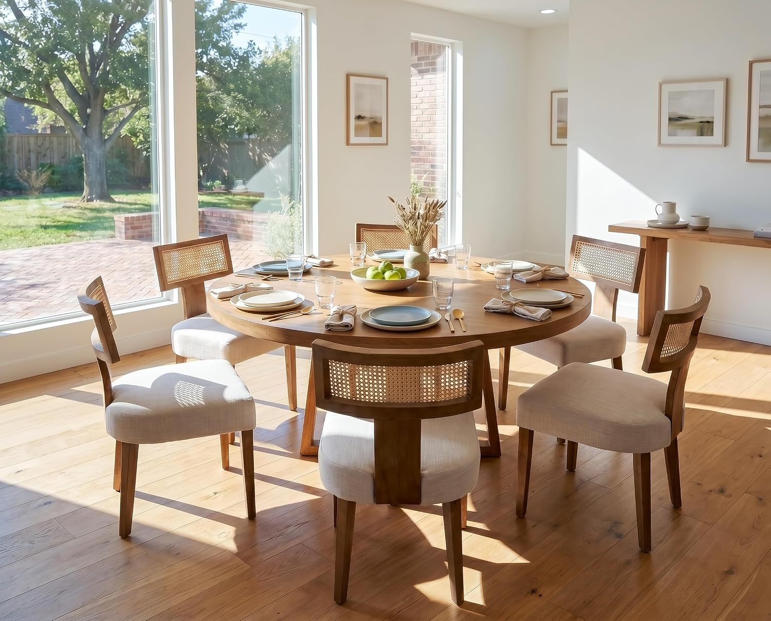 Rattan Dining Chairs Set of 6, Modern Dining Chair Kitchen Dining Room Chairs, Curved Cane Back Upholstered Linen Fabric Dining Chair with Wood Frame, Beige