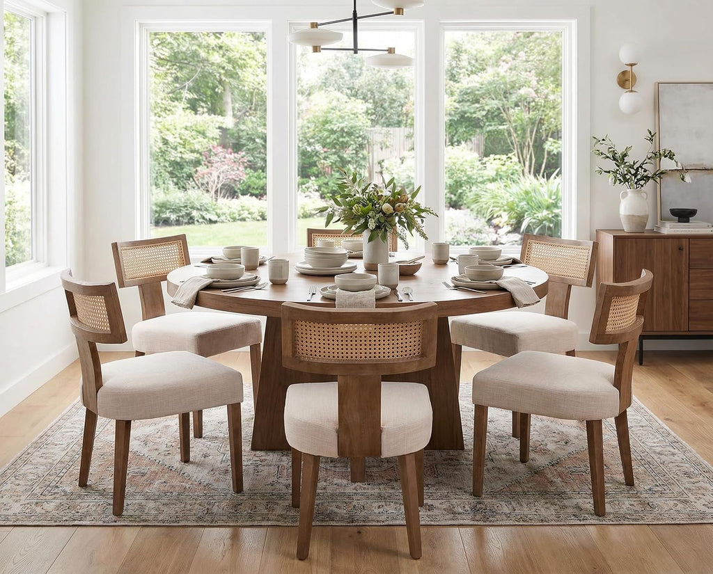 Rattan Dining Chairs Set of 6, Modern Dining Chair Kitchen Dining Room Chairs, Curved Cane Back Upholstered Linen Fabric Dining Chair with Wood Frame, Beige