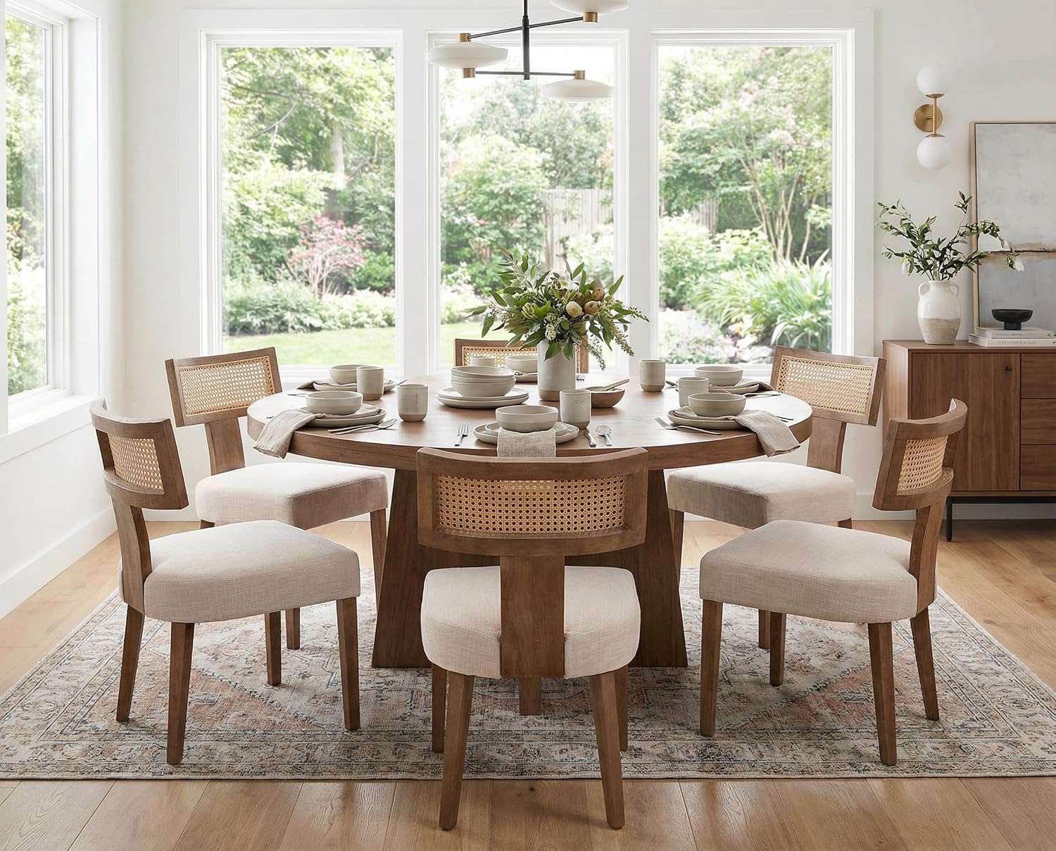 Rattan Dining Chairs Set of 6, Modern Dining Chair Kitchen Dining Room Chairs, Curved Cane Back Upholstered Linen Fabric Dining Chair with Wood Frame, Beige
