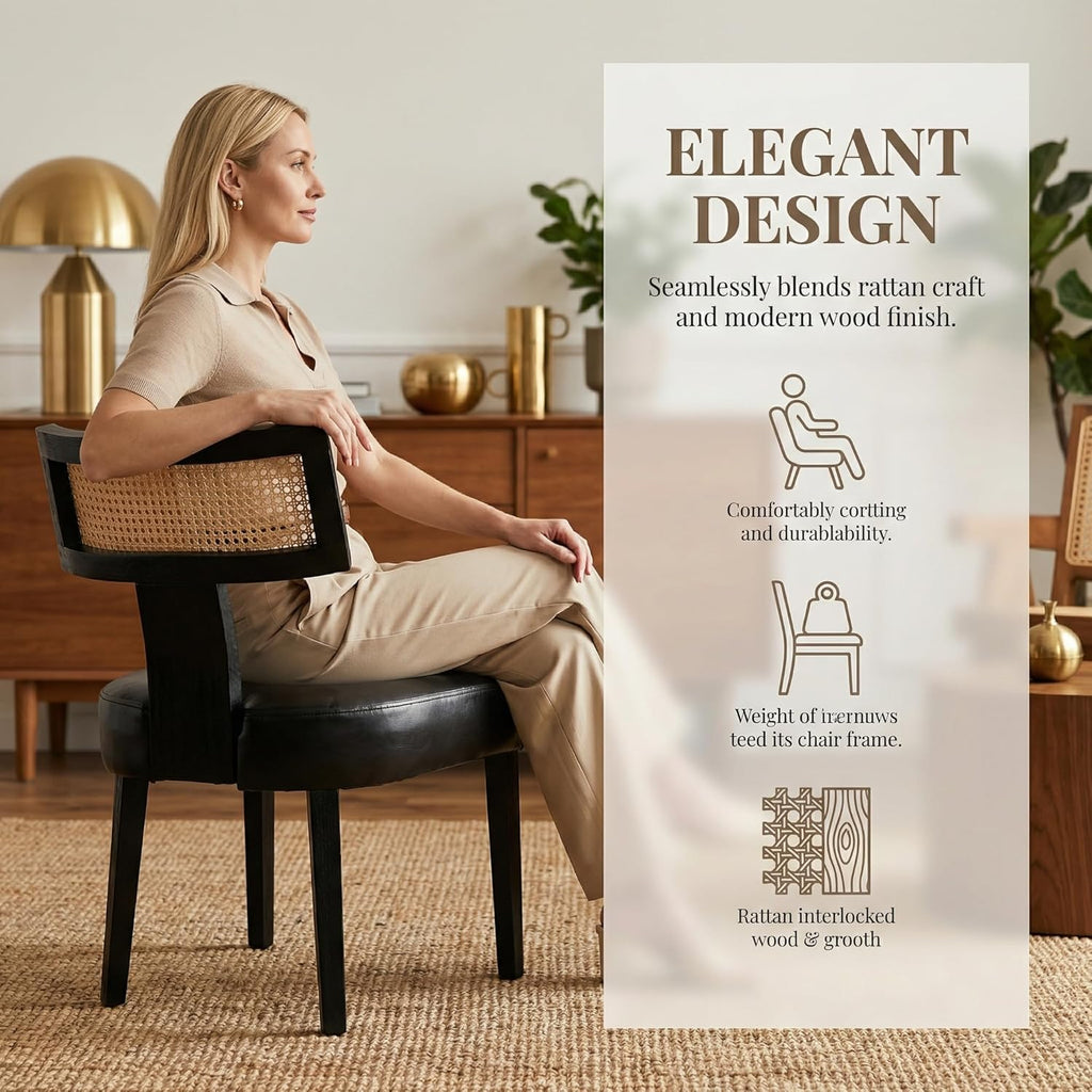Mid Century Modern Rattan Dining Chairs Set of 2, Farmhouse PU Leather Upholstered Accent Chair Curved Backrest Kitchen Chairs, with Black Hardwood Frame, Black