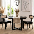 Mid Century Modern Rattan Dining Chairs Set of 2, Farmhouse PU Leather Upholstered Accent Chair Curved Backrest Kitchen Chairs, with Black Hardwood Frame, Black