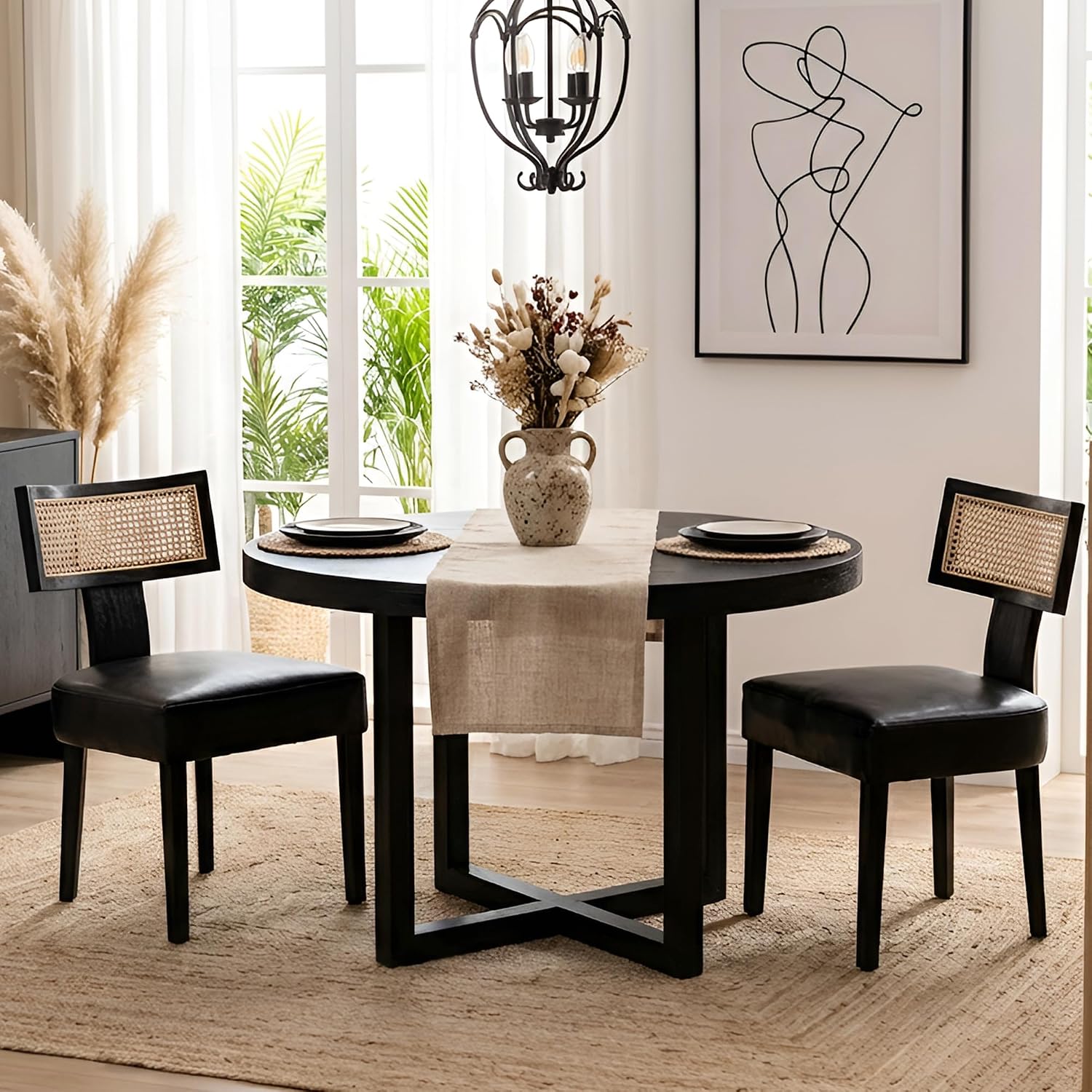 Mid Century Modern Rattan Dining Chairs Set of 2, Farmhouse PU Leather Upholstered Accent Chair Curved Backrest Kitchen Chairs, with Black Hardwood Frame, Black